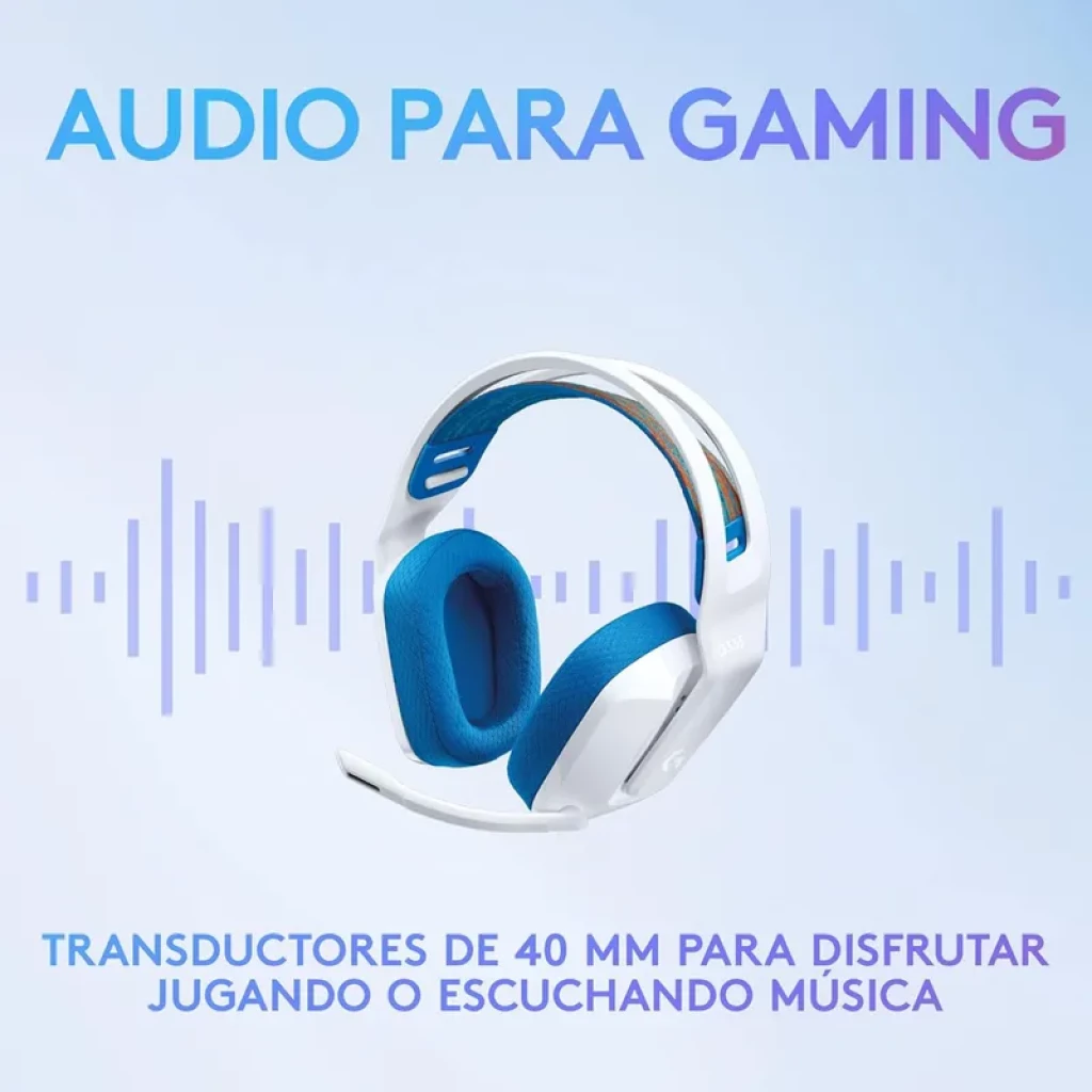 Logitech G335 Auriculares con cable blancos, diadema ligera, almohadillas azules, micrófono abatible y drivers de 40 mm para gaming y música