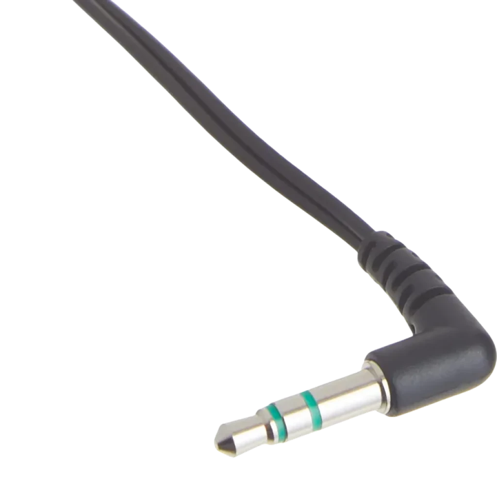Conector de audio 3.5 mm en ángulo de 90 grados, acabado metálico con anillos verdes y carcasa negra, cable delgado y flexible. Compatible con Sony MDR-E9LP