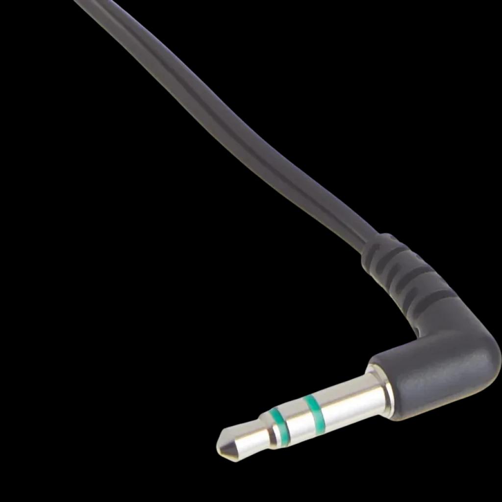Conector de audio 3.5 mm en ángulo de 90 grados, acabado metálico con anillos verdes y carcasa negra, cable delgado y flexible. Compatible con Sony MDR-E9LP