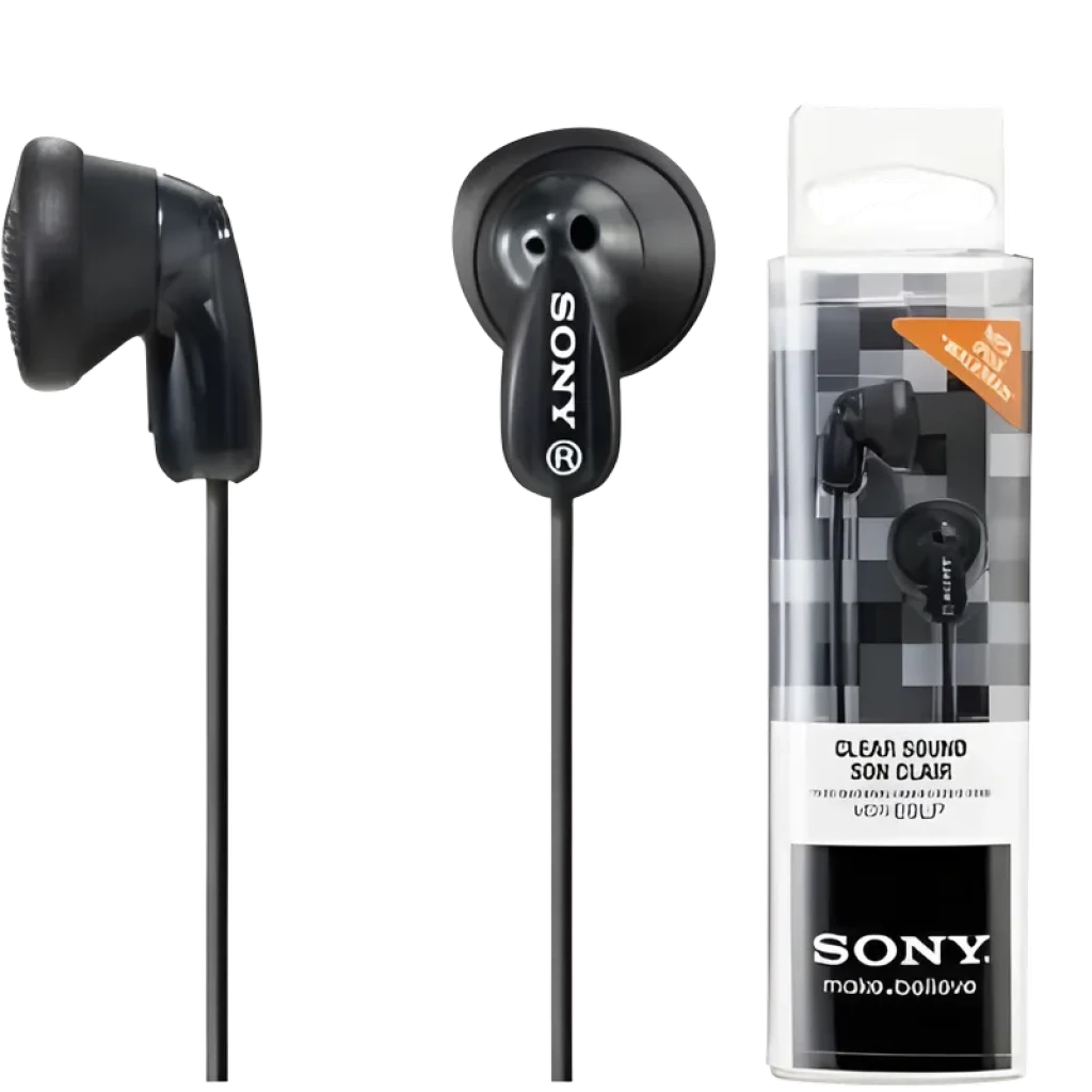 Auriculares Sony MDR-E9LP negros tipo botón con cable, diseño compacto y ligero. Incluye empaque cilíndrico transparente con logotipo Sony y detalles de