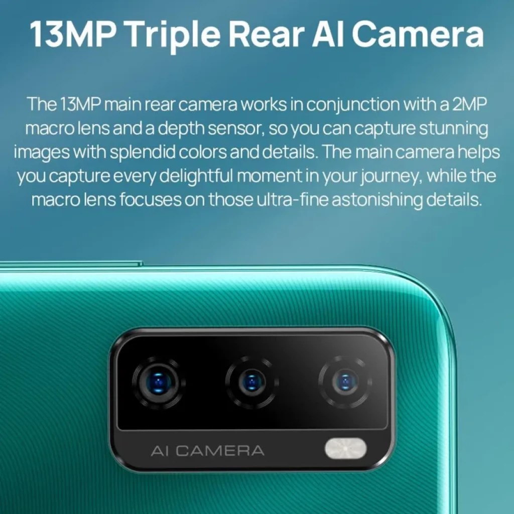 Ulefone Note 10P 3 GB/128GB Verde com módulo traseiro de 3 câmeras AI 13MP, lente macro e sensor de profundidade; textura verde com acabamento curvo