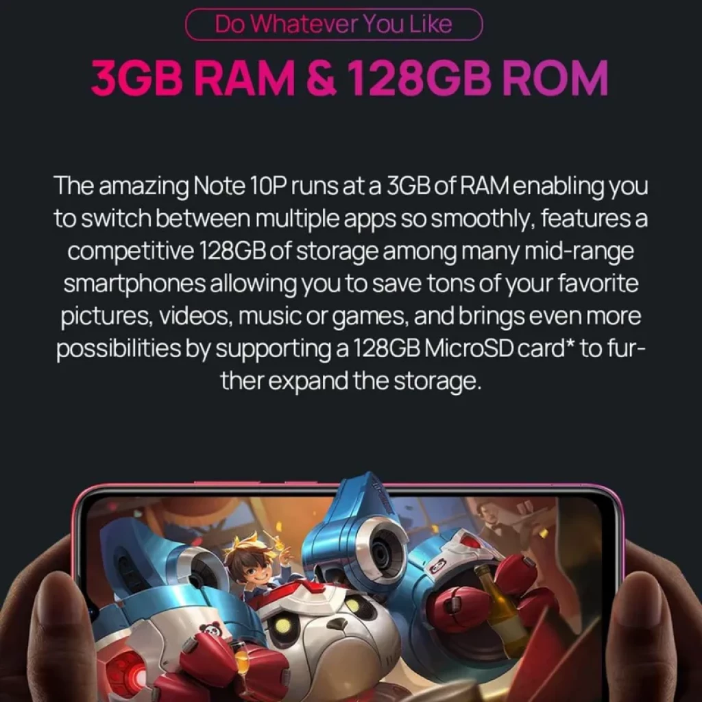 Ulefone Note 10P 3 GB/128GB Verde com 3GB RAM e 128GB ROM, suporte a MicroSD 128GB. Tela ampla exibindo jogo com cores vibrantes e bordas finas