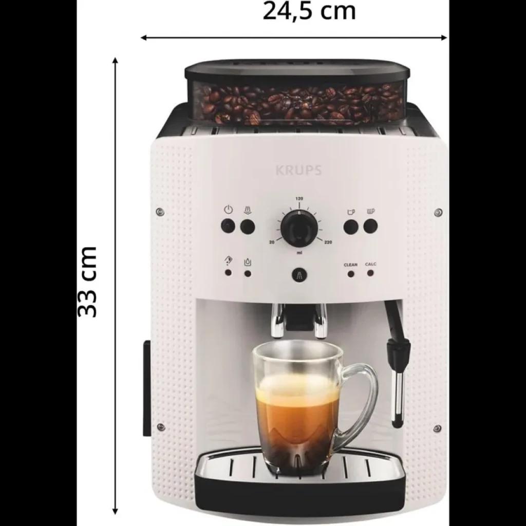 Krups EA8105 cafetera super automática blanca, depósito 1,6 L, molinillo superior con granos a la vista, espumador lateral y tacita de espresso en bandeja