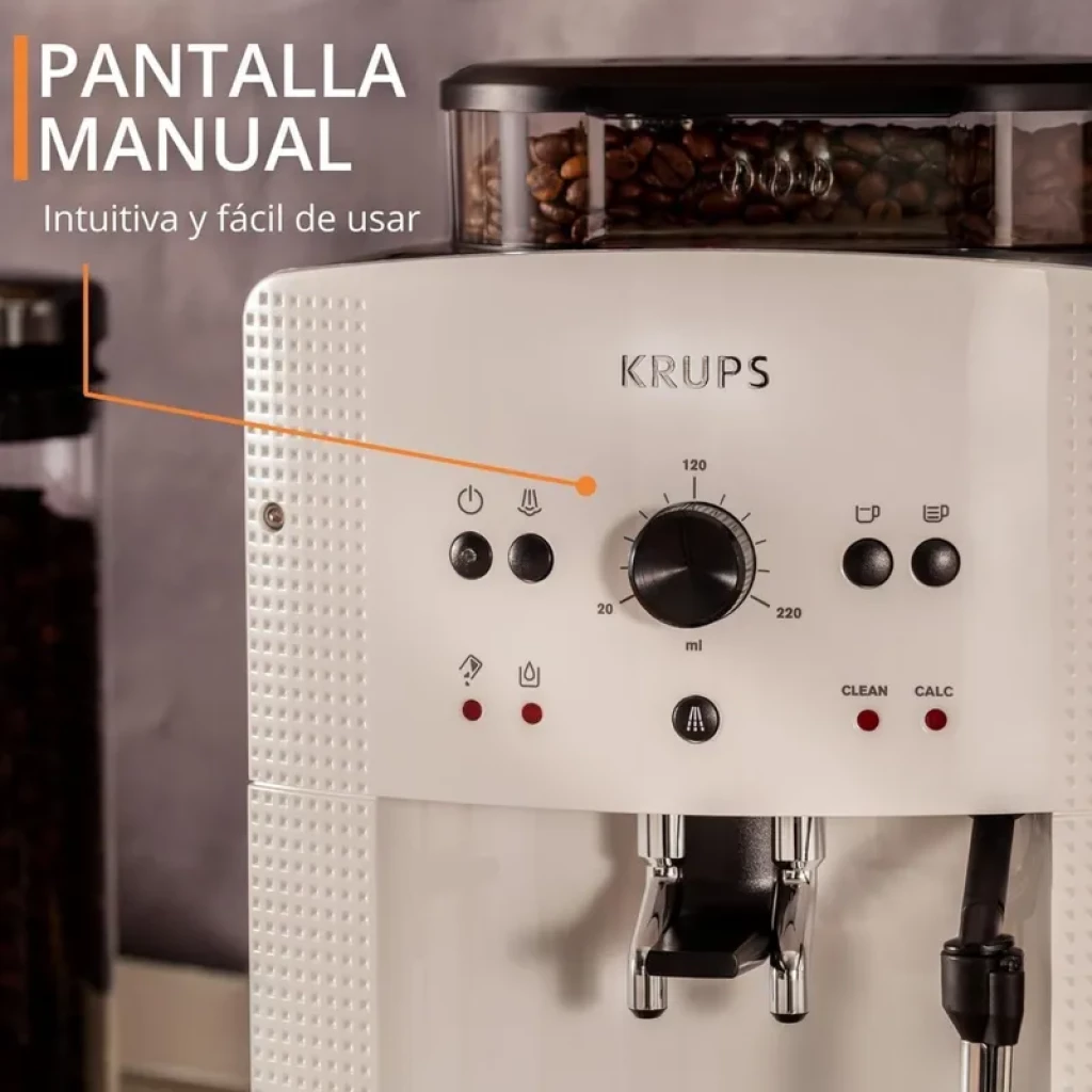 Krups EA8105 cafetera super automática blanca con depósito de granos, dial central de volumen, botones iluminados, boquilla doble y panel manual intuitivo