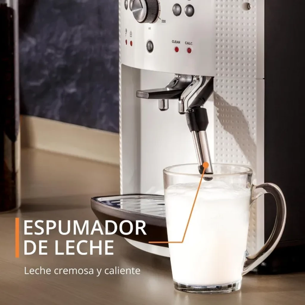 Krups EA8105 Cafetera Super Automática 1,6 L con espumador de leche en acero, taza de vidrio con espuma cremosa, panel frontal blanco con controles y boquilla