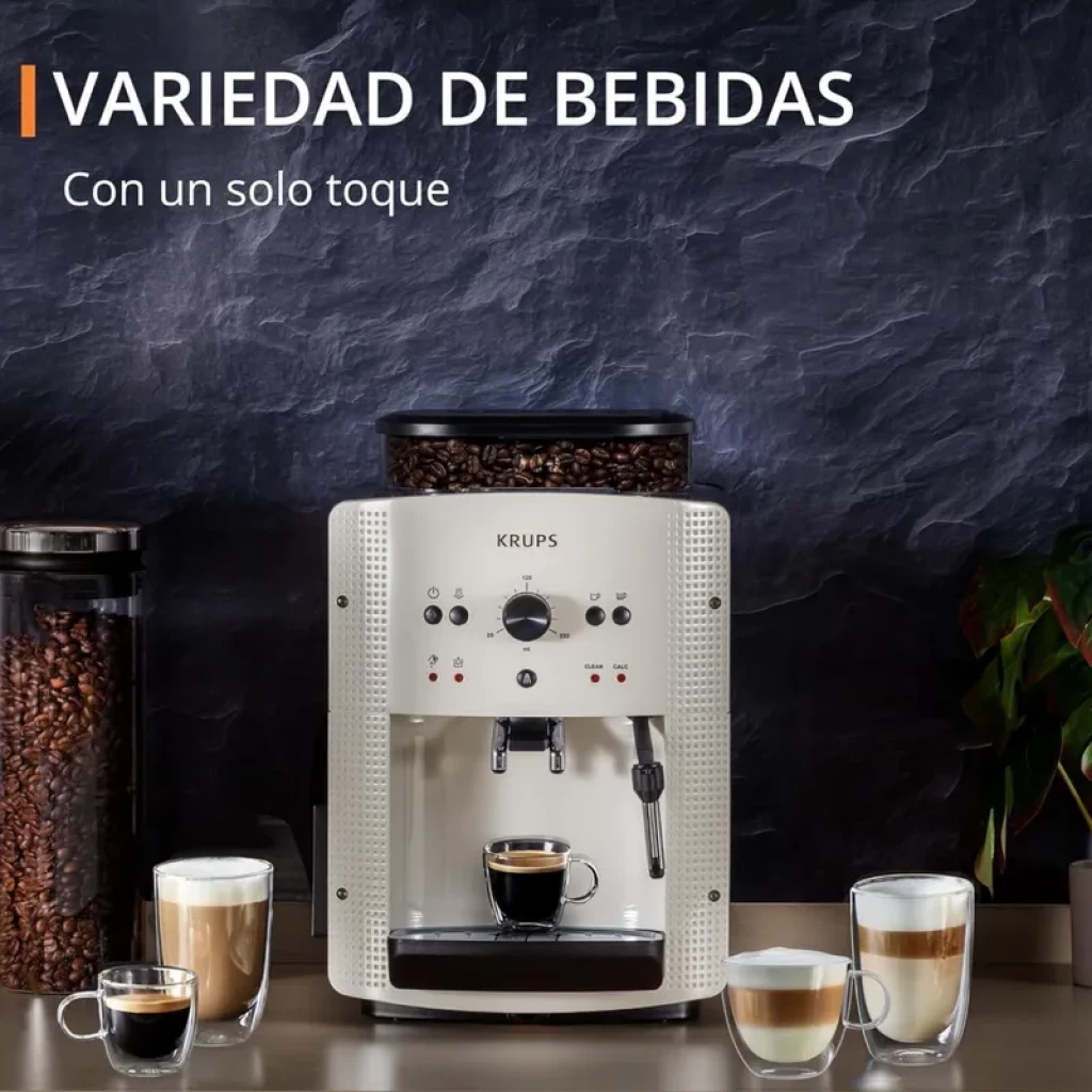 Krups EA8105 cafetera super automática blanca con molino integrado, panel frontal con perillas y botones, boquilla de vapor y depósito de granos superior