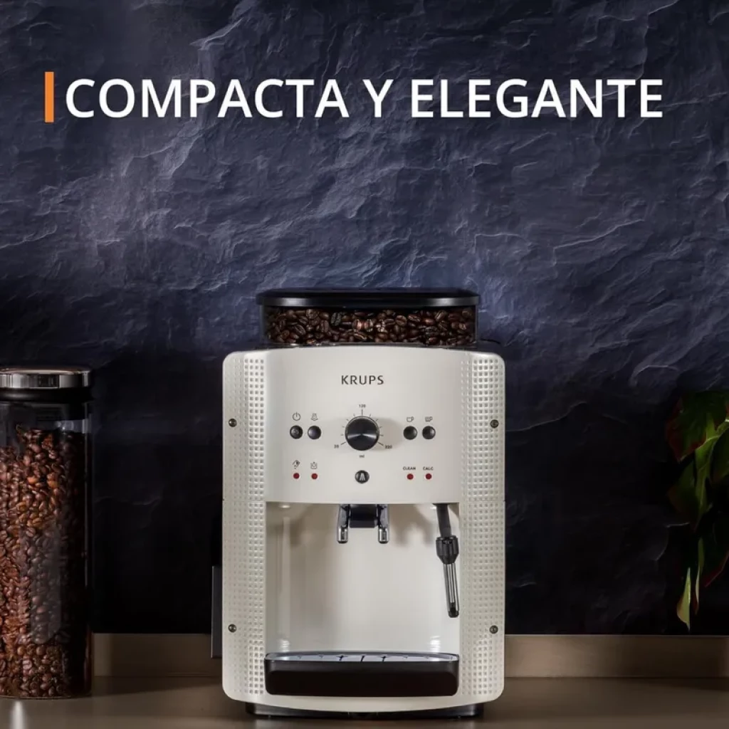 Krups EA8105 Cafetera Super Automática Espresso 1,6 L en color blanco, diseño compacto y elegante, molinillo superior visible y boquilla de vapor frontal
