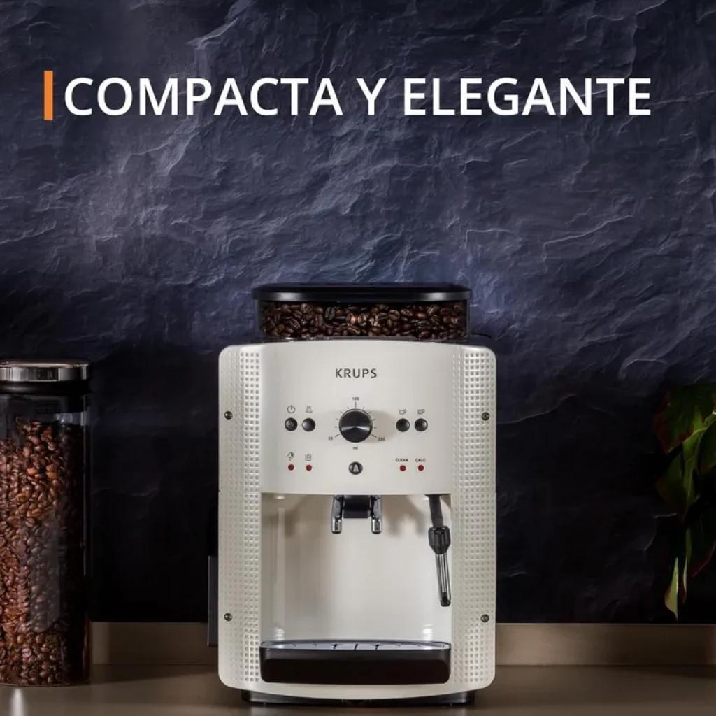 Krups EA8105 Cafetera Super Automática Espresso 1,6 L en color blanco, diseño compacto y elegante, molinillo superior visible y boquilla de vapor frontal