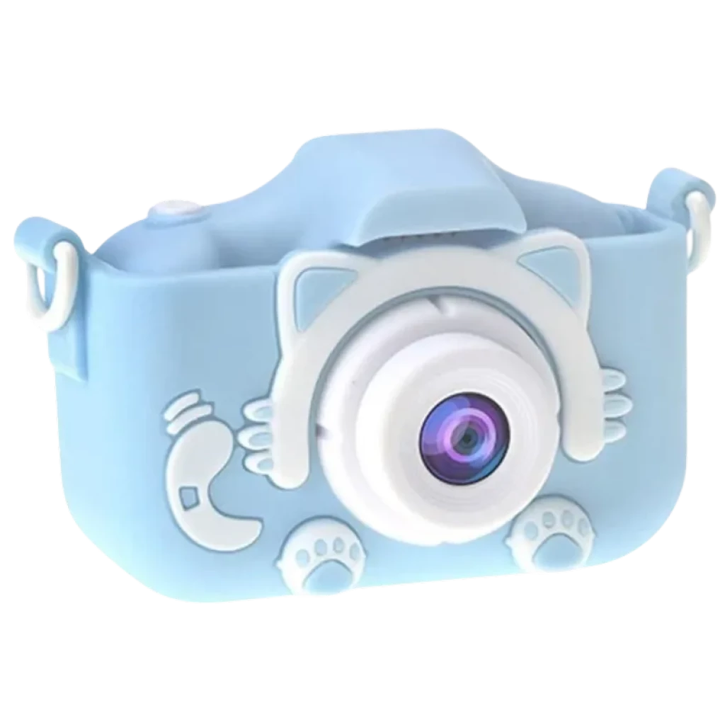 Câmara Digital Infantil K1C azul com capa de silicone em formato de gato, orelhas, patinhas e lente central roxa; design ergonômico e alças laterais