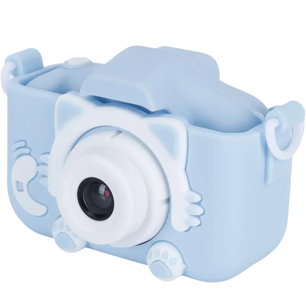 Câmara Digital Infantil K1C azul com capa de silicone em formato de gato, lente central destacada, orelhas e patinhas em relevo, alça lateral, 600mAh