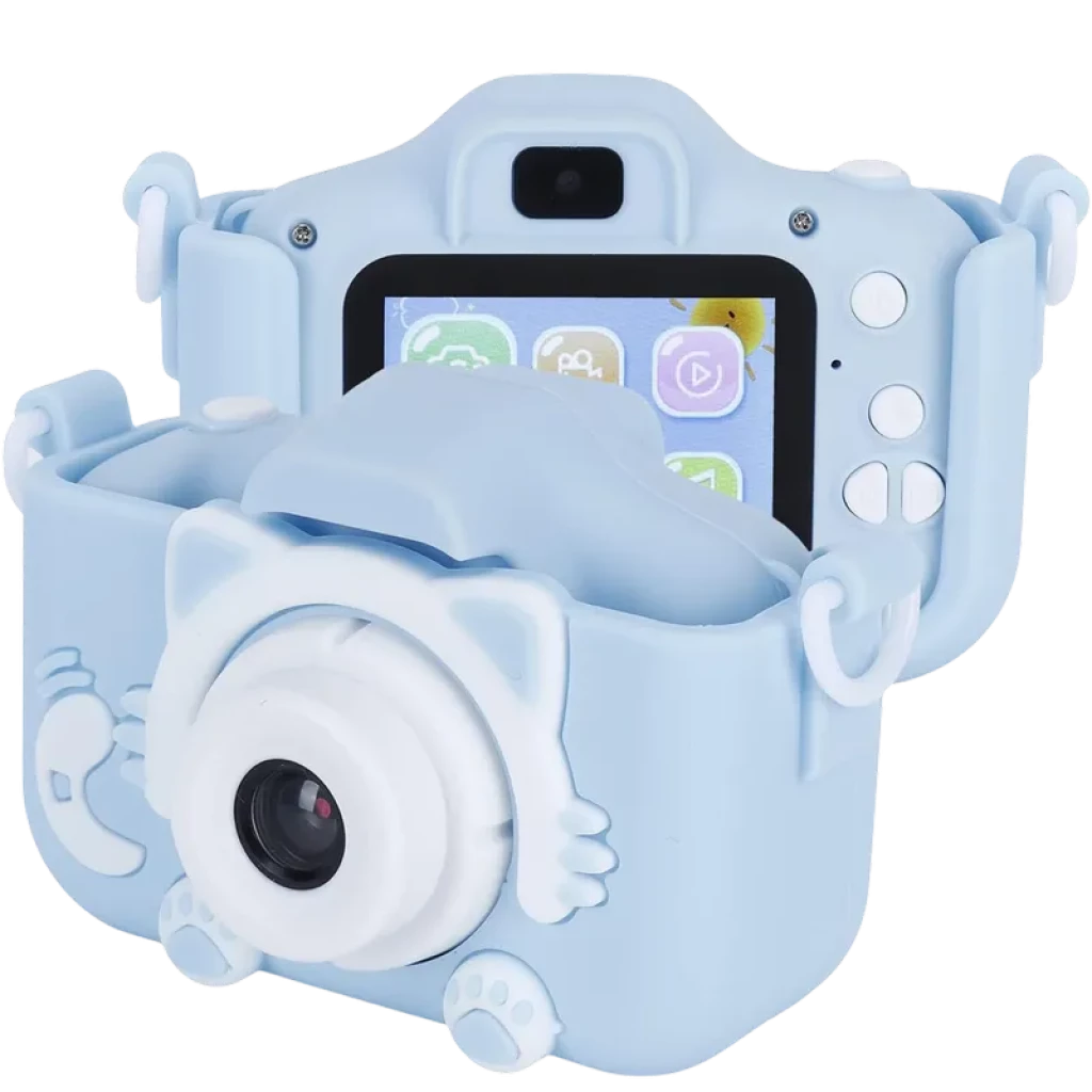 Câmara Digital Infantil K1C Versão Atualizada 600mAh com capa de silicone azul estilo gato, lente grande frontal, tela traseira colorida e botões laterais