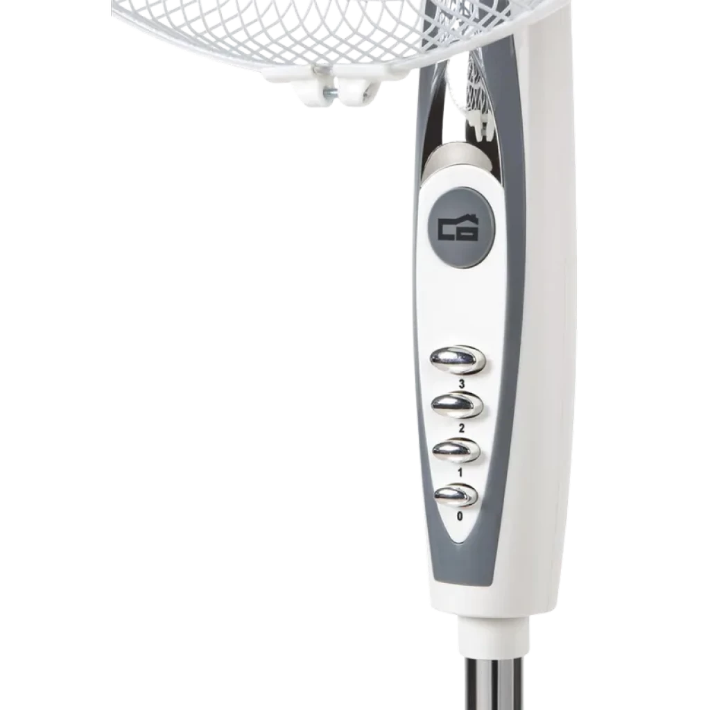 Panel lateral del Ventilador de Pie Orbegozo SF 0147 con cuatro botones de velocidad numerados, acabado blanco y gris, rejilla metálica y mástil ajustable.