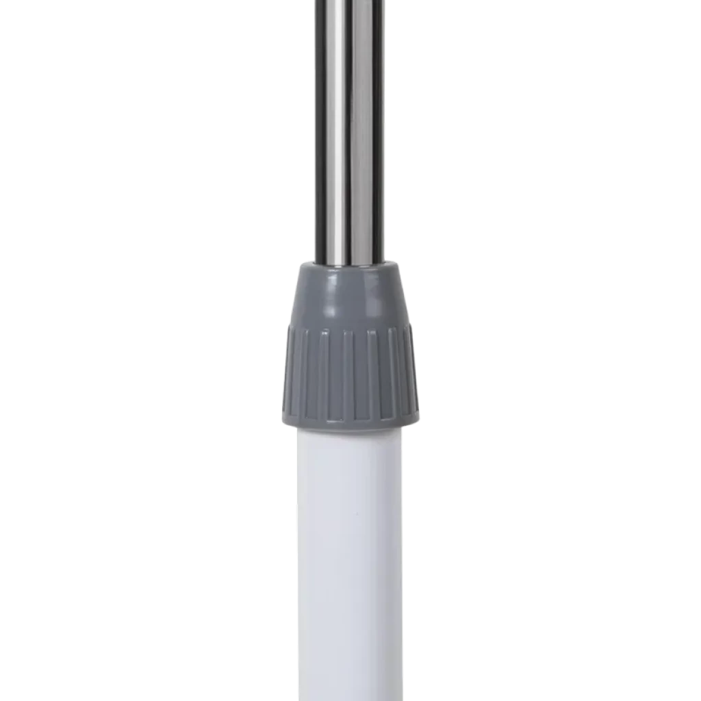 Ventilador de Pie Orbegozo SF 0147: tubo telescópico cromado con ajuste de altura y anillo gris estriado, unión firme entre poste metálico y base blanca