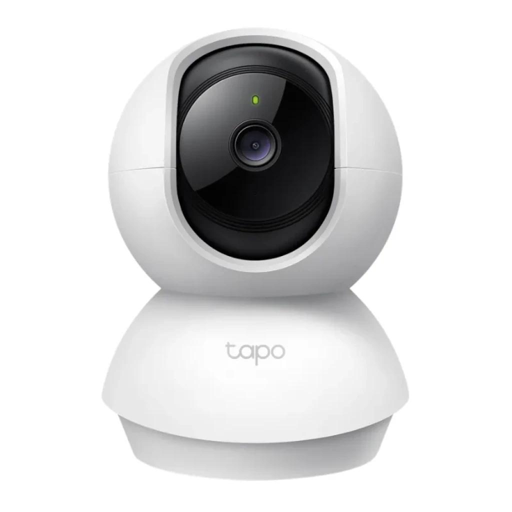 Cámara de seguridad IP TP-Link Tapo C210 2K blanca, diseño esférico con lente central y luz indicadora, base estable y cabezal giratorio 360 grados