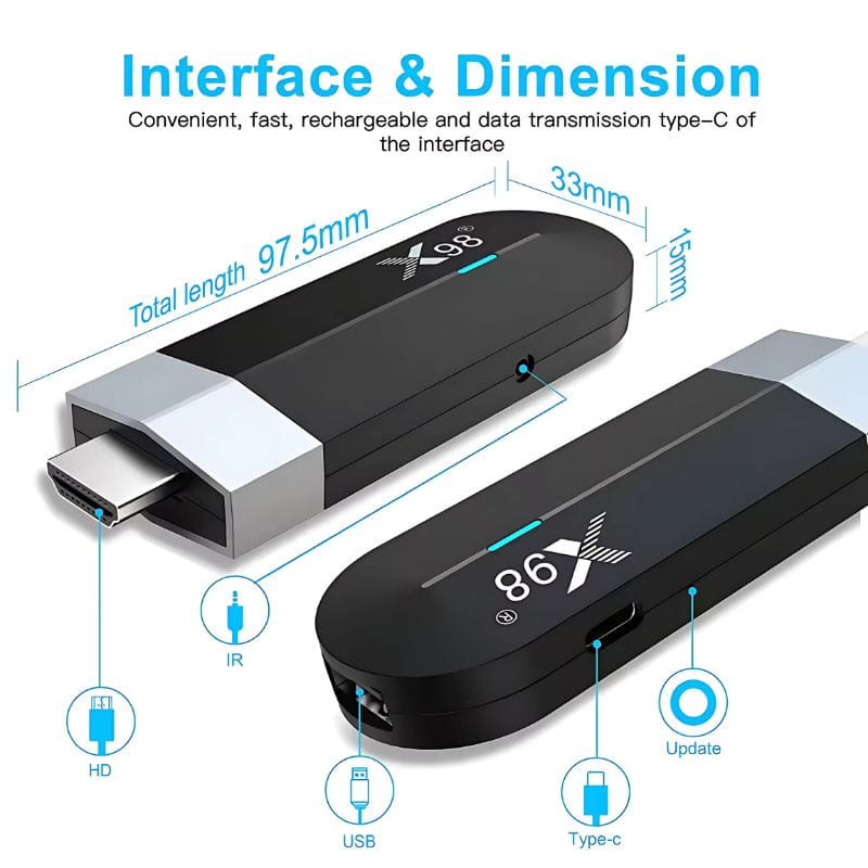 X98 S500 TV Stick 4 Go/32 Go Android 11 - Android TV : interfaces et dimensions