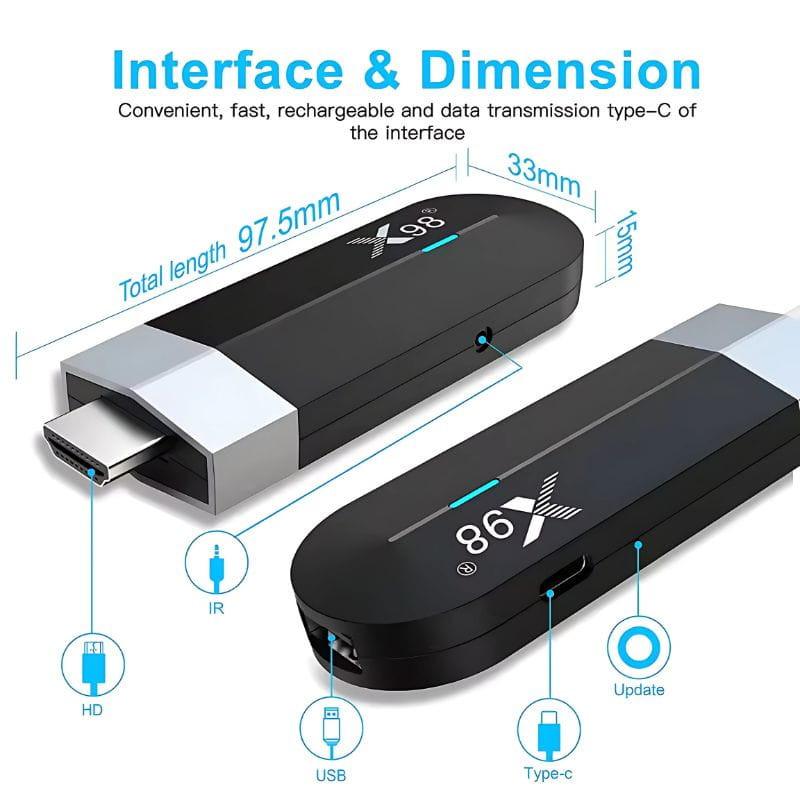X98 S500 TV Stick 4 Go/32 Go Android 11 - Android TV : interfaces et dimensions
