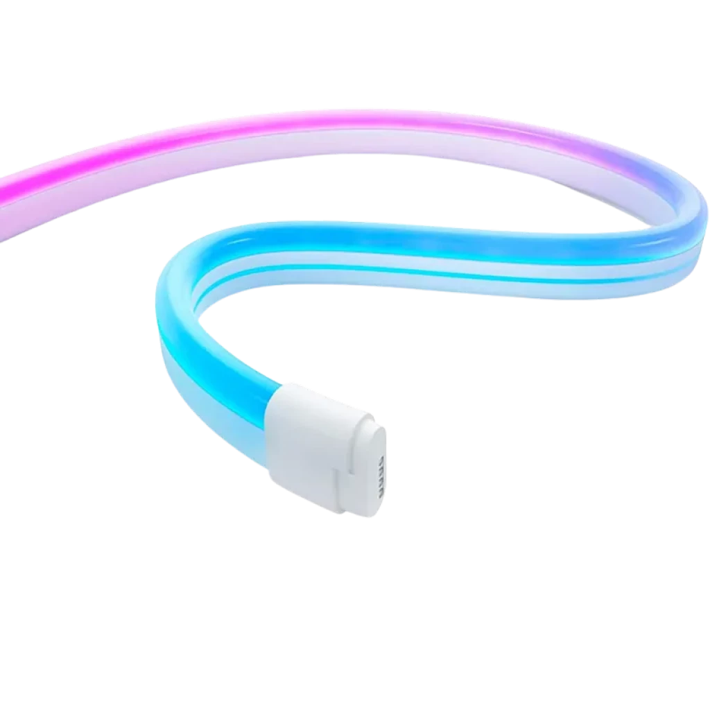 Extension LED multicolore Xiaomi Smart Lightstrip Pro, bande flexible avec dégradés rose et bleu, connecteur blanc, idéal pour éclairage décoratif