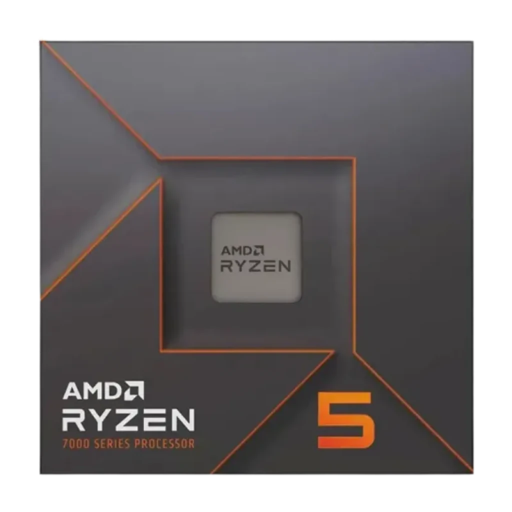 Caja gris oscuro del Procesador AMD Ryzen 5 7600X 4,7 GHz con logotipo AMD Ryzen al centro, borde naranja en forma de marco y número 5 grande en la esquina