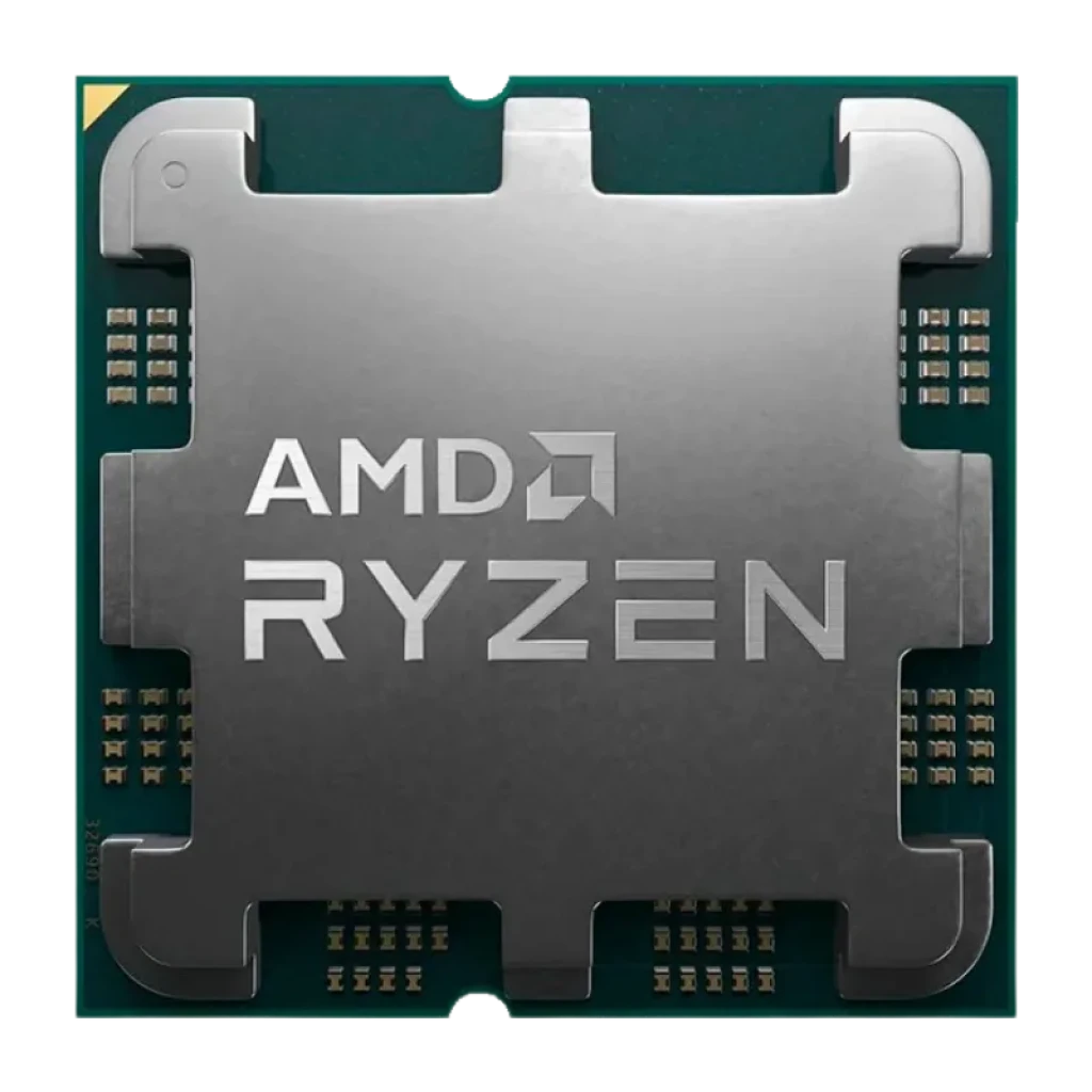 Procesador AMD Ryzen 5 7600X 4,7 GHz con IHS metálico gris, letras AMD Ryzen grabadas y sustrato verde con contactos dorados visibles alrededor