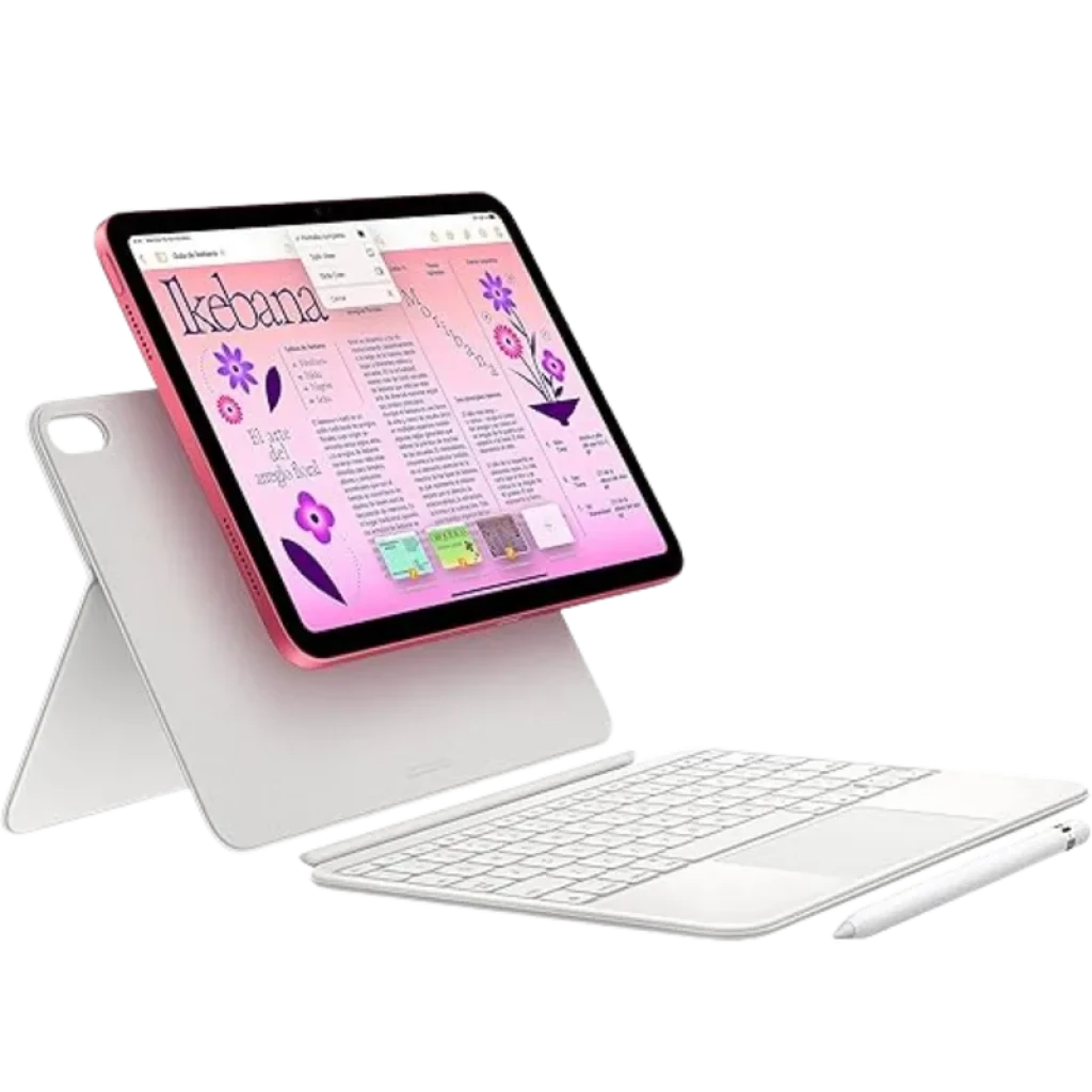 Apple iPad 2022 10ª Gen 10.9 amarelo com capa teclado branca destacável, tela ampla com bordas finas e câmera traseira única; suporte WiFi+Cellular 5G