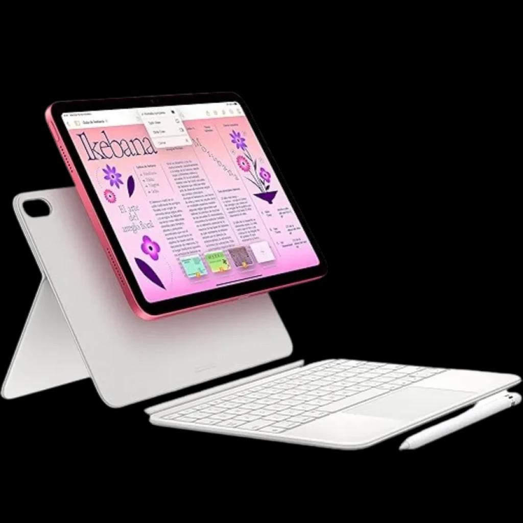 Apple iPad 2022 10ª Gen 10.9 amarelo com capa teclado branca destacável, tela ampla com bordas finas e câmera traseira única; suporte WiFi+Cellular 5G