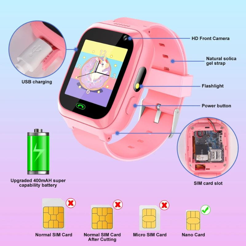 Smartwatch pour enfants A7 2G Rose avec écran couleur, caméra frontale HD, lampe torche, bouton power, micro-USB, bracelet silicone, emplacement SIM et