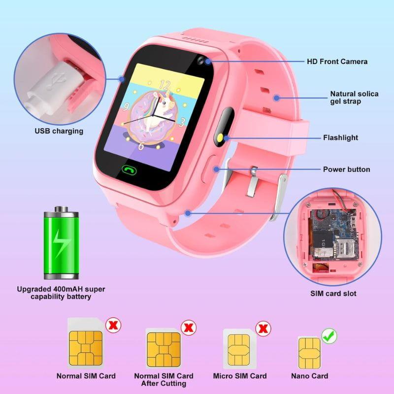 Smartwatch pour enfants A7 2G Rose avec écran couleur, caméra frontale HD, lampe torche, bouton power, micro-USB, bracelet silicone, emplacement SIM et