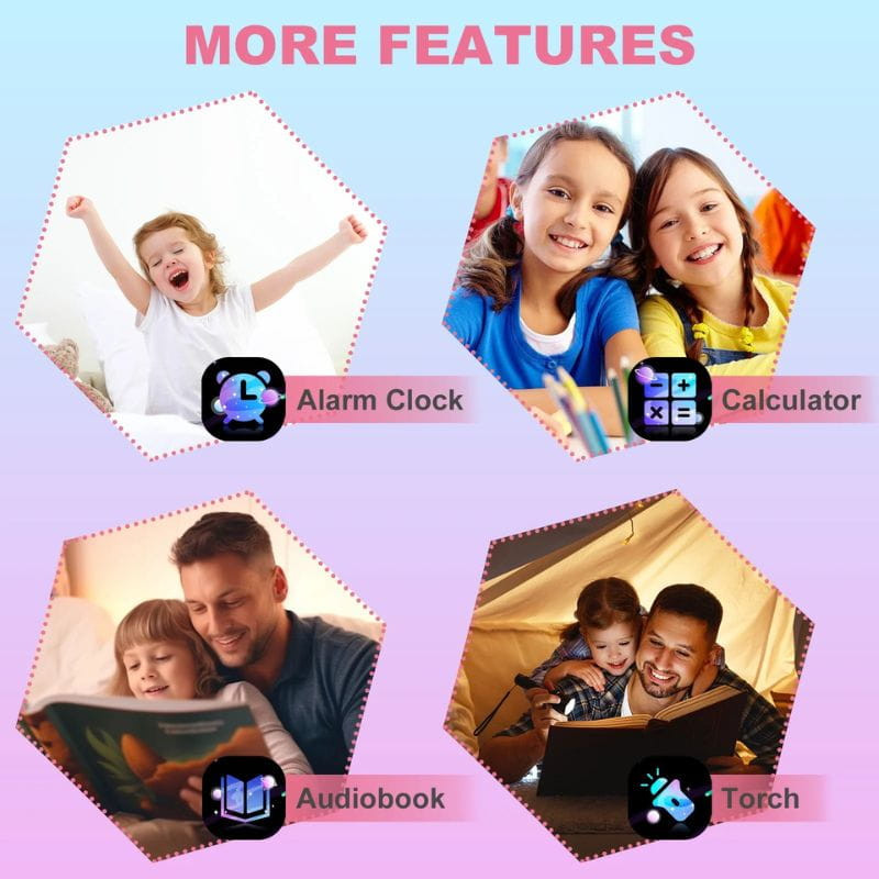 Smartwatch pour enfants A7 2G Rose avec écran coloré; icônes réveil, calculatrice, livre audio, lampe torche; design hexagonal ludique pour filles et
