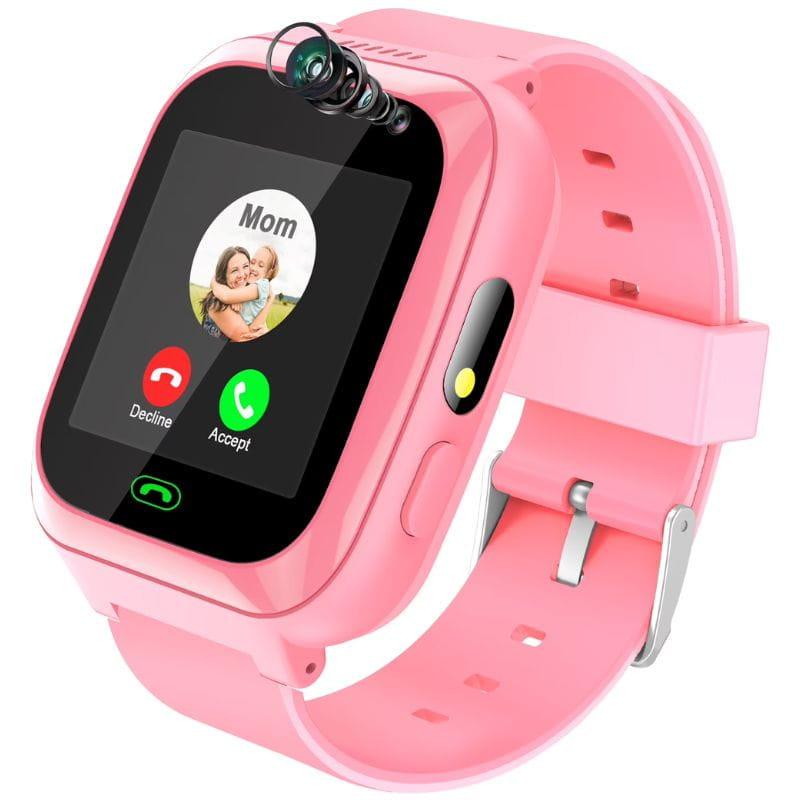 Smartwatch pour enfants A7 2G Rose avec écran couleur, caméra frontale, boutons latéraux, icône d’appel, boîtier arrondi et bracelet réglable en