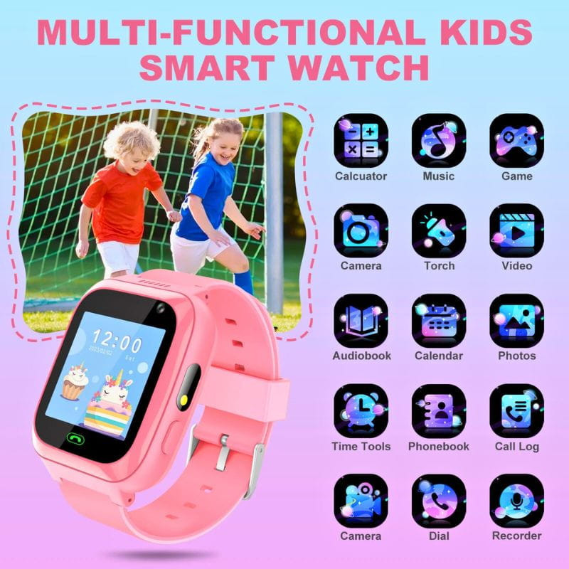 Smartwatch pour enfants A7 2G Rose avec écran couleur, boîtier et bracelet roses, icône caméra, micro et bouton latéral visibles, style ludique et robuste