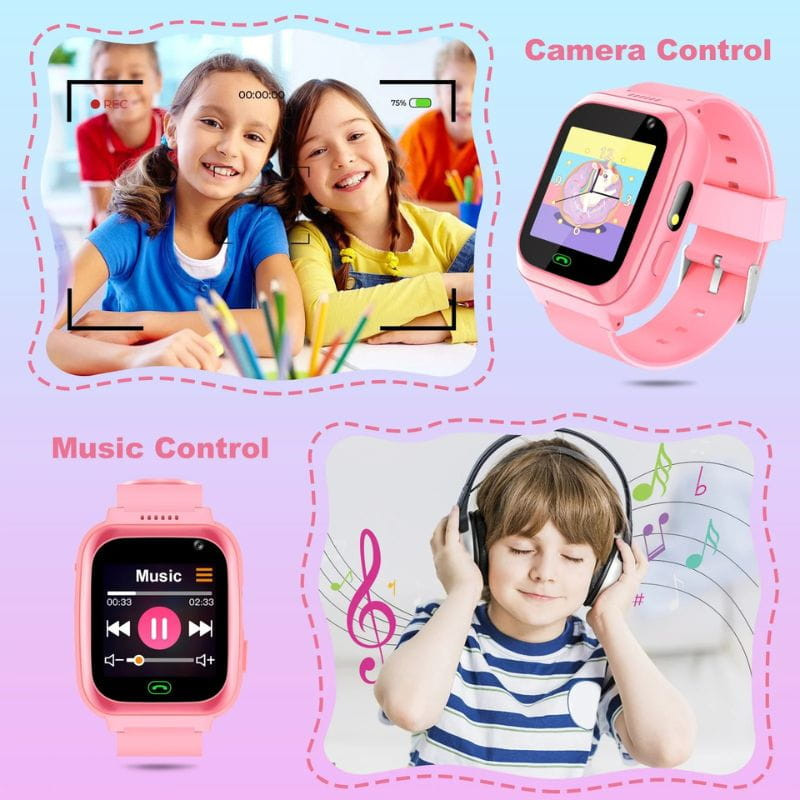 Smartwatch pour enfants A7 2G Rose avec écran couleur, bracelet silicone rose, commandes caméra et musique, interface ludique adaptée aux petits