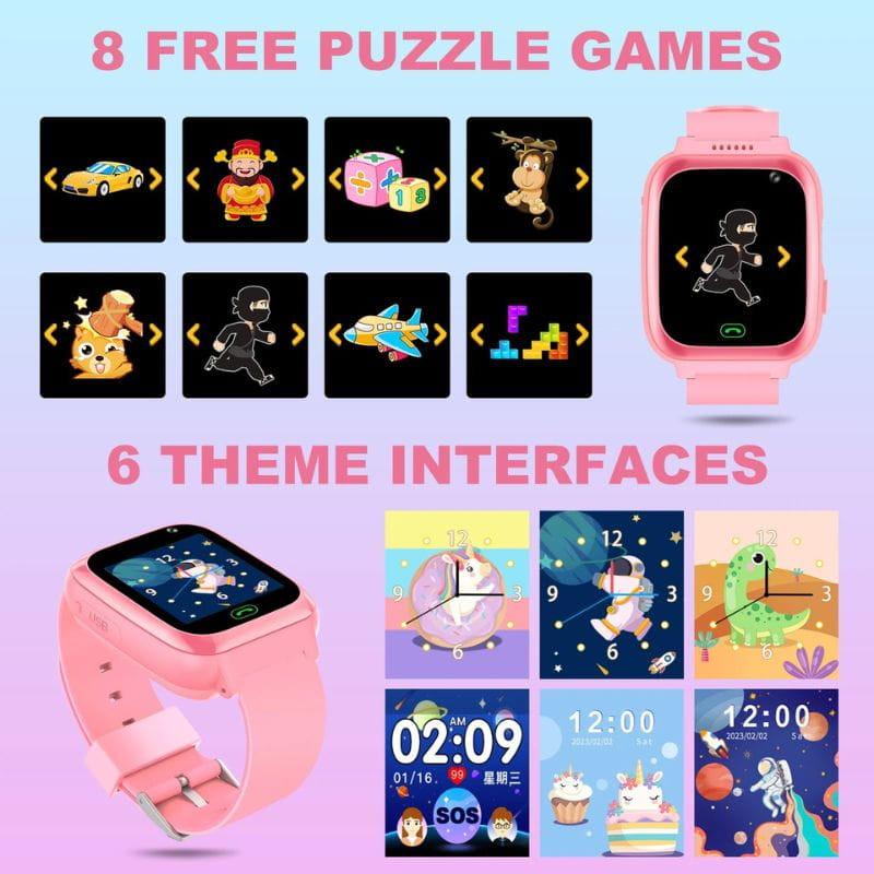 Smartwatch pour enfants A7 2G Rose avec boîtier rose, écran couleur carré, bracelet silicone, 8 jeux intégrés, 6 cadrans thèmes, bouton SOS visible