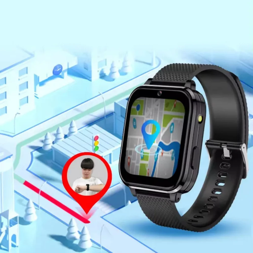 Smartwatch para crianças T36 4G GPS Preto com caixa quadrada, tela colorida exibindo mapa com pin azul, pulseira silicone preta texturizada e fecho ajustável