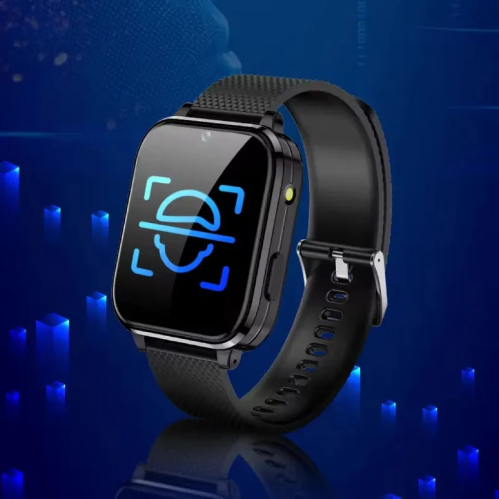 Smartwatch para crianças T36 4G GPS Preto com tela retangular, pulseira de silicone preta texturizada, botão lateral e interface azul luminosa