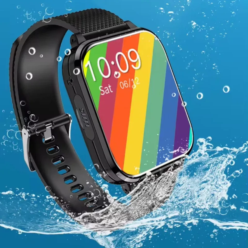 Smartwatch para crianças T36 4G GPS Preto com tela colorida retangular, pulseira de silicone preta ajustável, resistente à água e design moderno