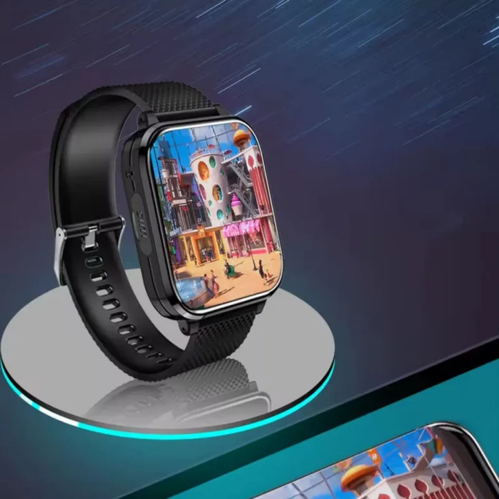 Smartwatch para crianças T36 4G GPS Preto com tela grande colorida, caixa metálica brilhante e pulseira de silicone preta com fecho ajustável