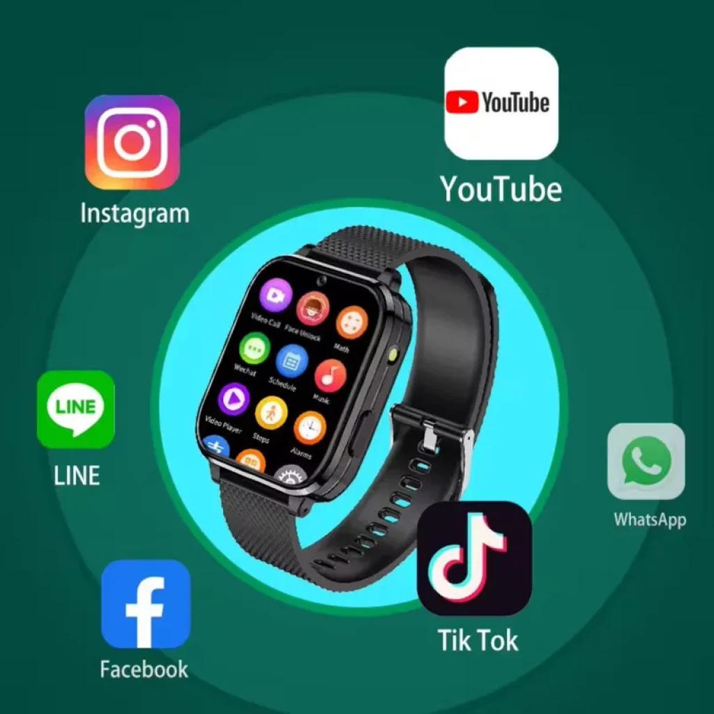 Smartwatch para crianças T36 4G GPS preto com tela colorida, pulseira de silicone, câmera frontal e ícones de apps populares ao redor do relógio