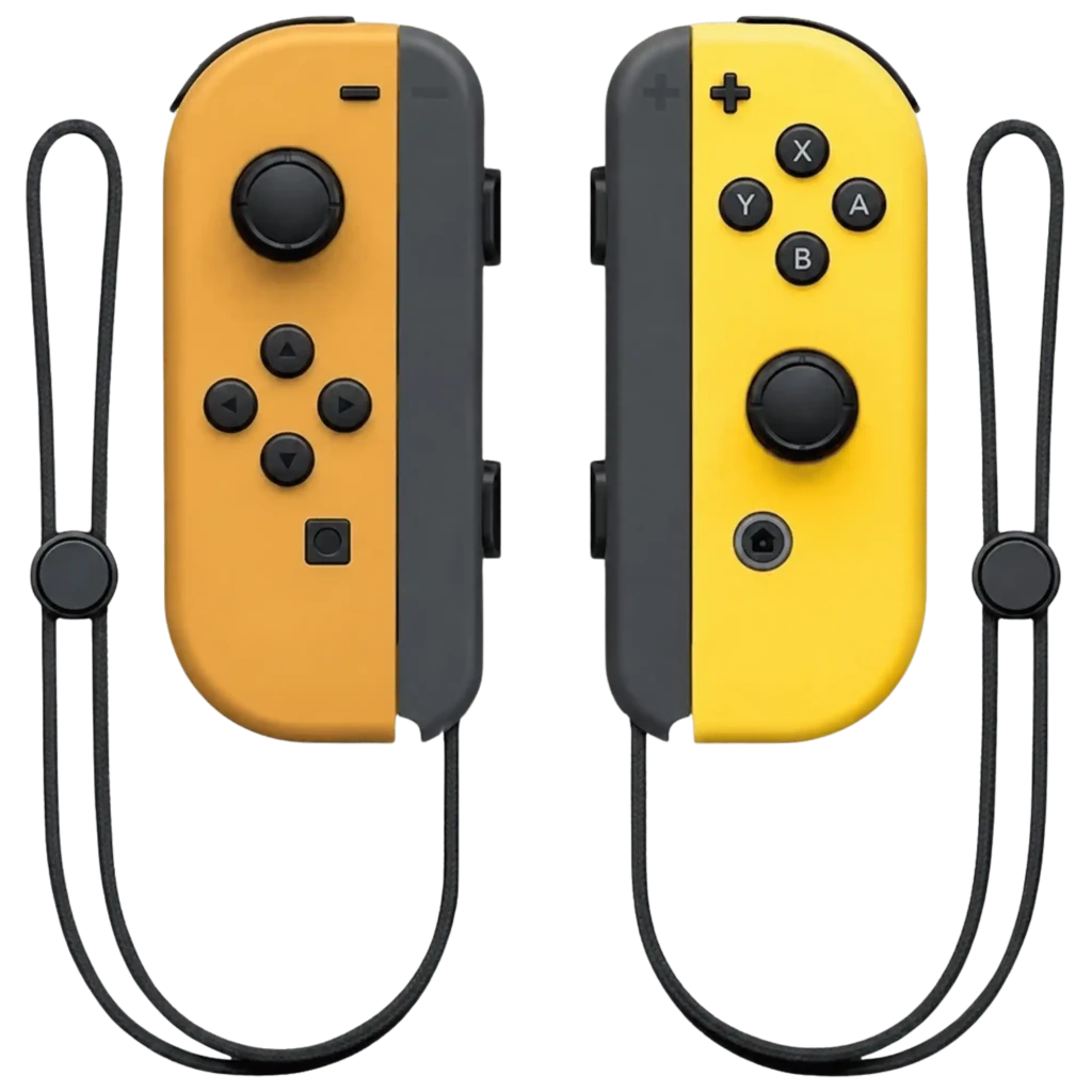 Mando J-C Set Izq/Dcha Marrón/Amarillo con correas negras, botones ABXY y stick derecho en el amarillo, cruceta y stick izquierdo en el marrón, diseño