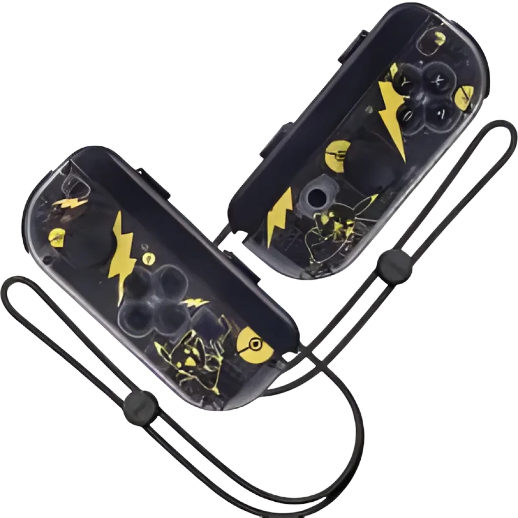 Comando J-C Set Esquerdo/direito Transparente/Amarelo com capa translúcida preta, detalhes amarelos em raios, botões ABXY, alças de pulso e design gamer