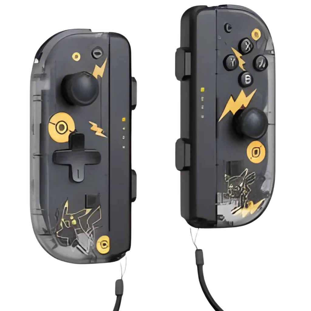 Comando J-C Set Esquerdo/direito Transparente/Amarelo com capa preta translúcida, detalhes amarelos, ícones de raios, botões A/B/X/Y e arte temática