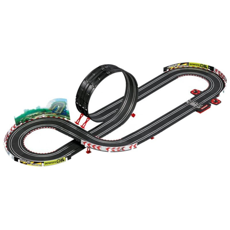 Circuito de Carreras Carrera RC Nintendo Mario Kart con pistas negras, loop vertical, curvas peraltadas, barandas rojas y decoración temática de Bowser