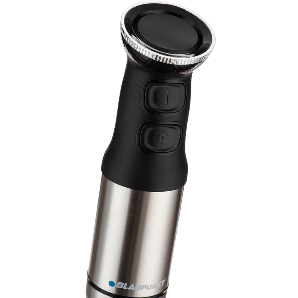 Mango de batidora de mano Blaupunkt BP4006 en acero inoxidable con agarre negro, dos botones I y T y anillo metálico texturizado, potencia 1200W