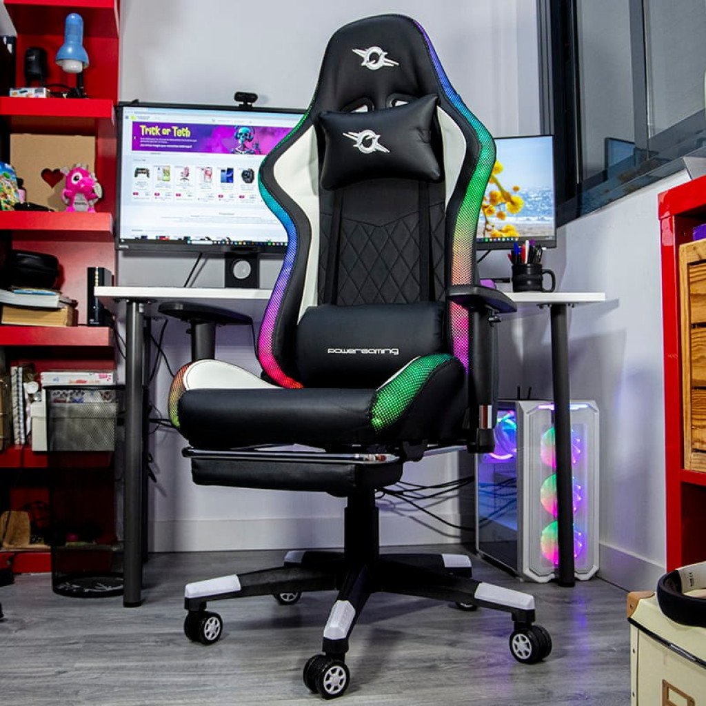 Silla PowerGaming LED RGB V2 Blanca con reposapiés, cojín lumbar y cabecera, respaldo alto ergonómico, tapizado negro y blanco, ruedas y luces RGB