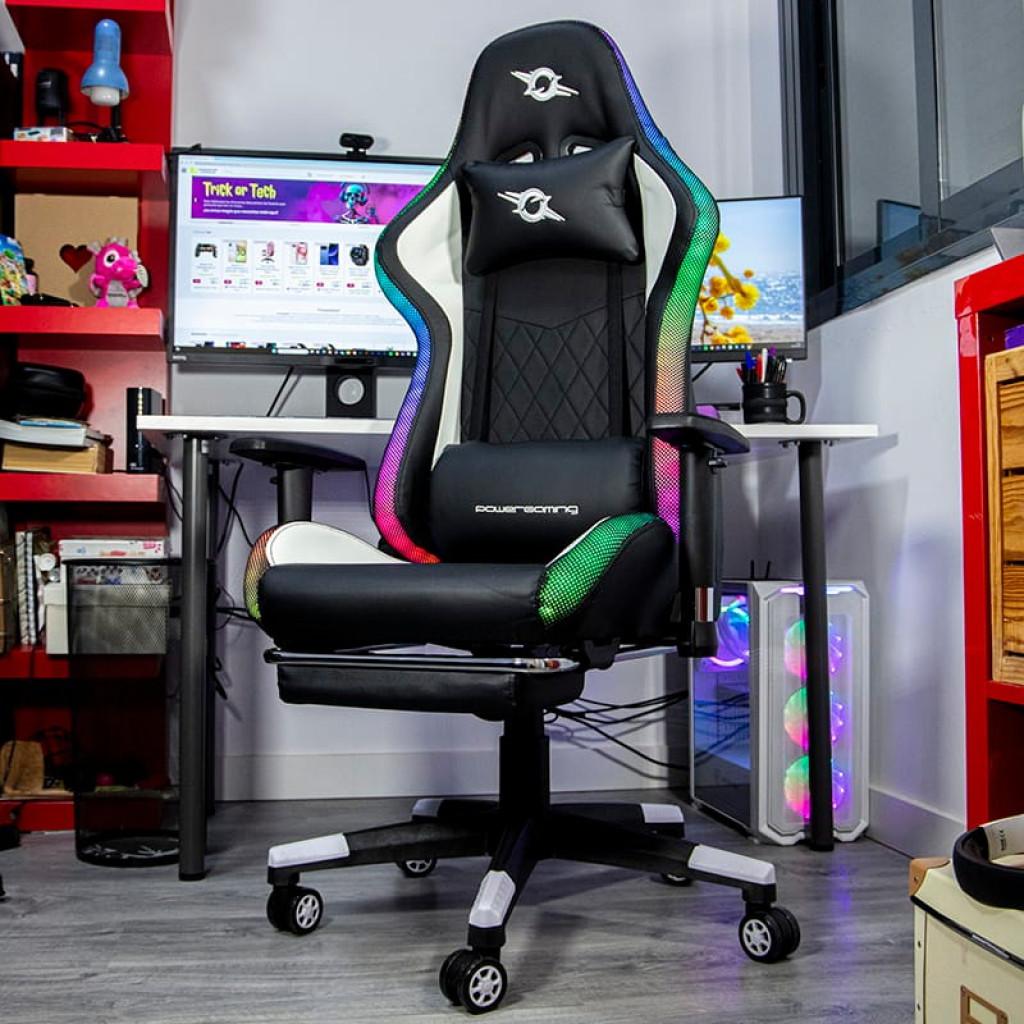 Silla PowerGaming LED RGB V2 Blanca con reposapiés, cojín lumbar y cabecera, respaldo alto ergonómico, tapizado negro y blanco, ruedas y luces RGB