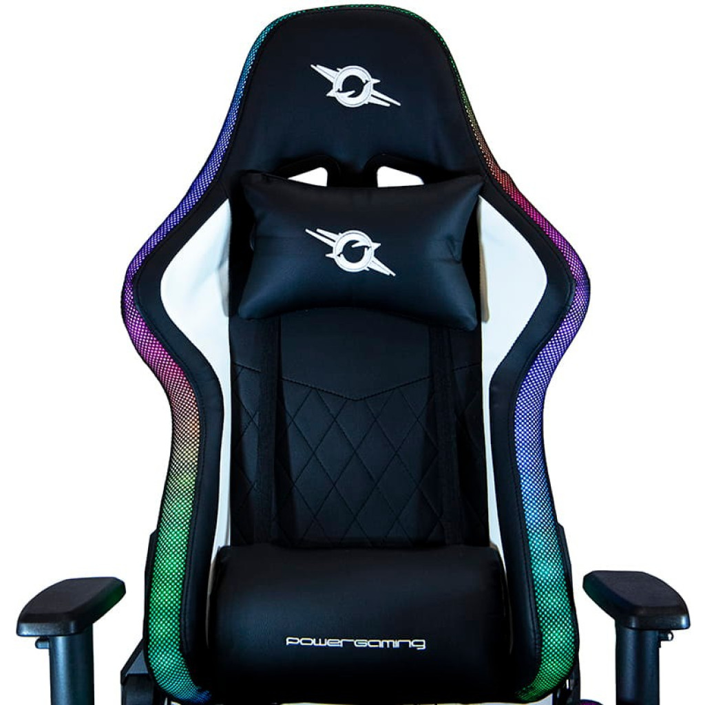 Silla gaming blanca con luces LED RGB, cojín lumbar y cervical, tapizado negro con detalles acolchados, reposabrazos ajustables. Clase B reacondicionado