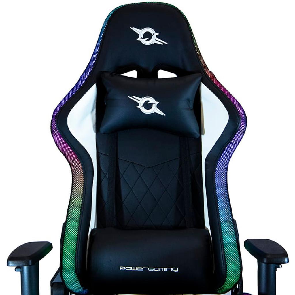 Silla gaming blanca con luces LED RGB, cojín lumbar y cervical, tapizado negro con detalles acolchados, reposabrazos ajustables. Clase B reacondicionado