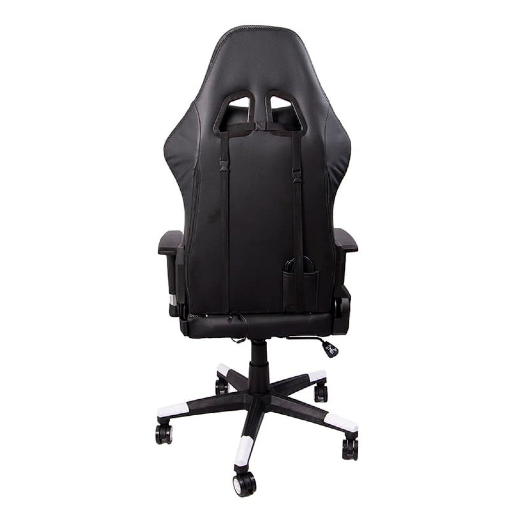 Silla gamer blanca con respaldo alto tipo racing, correas y ranuras para cinturón, base con ruedas y detalles en blanco; incluye reposabrazos ajustables