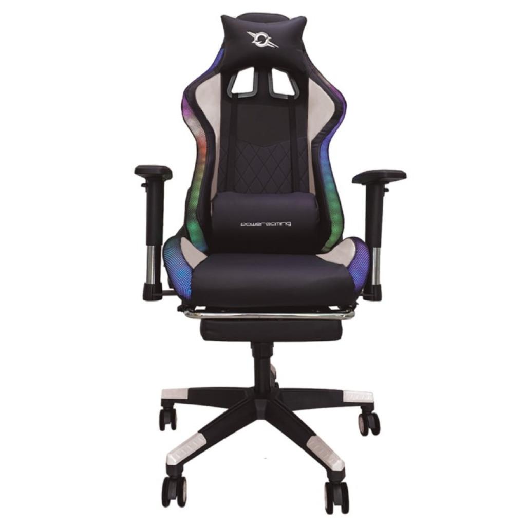 Silla PowerGaming LED RGB V2 blanca con reposapiés, diseño ergonómico, respaldo alto, apoyabrazos ajustables, iluminación lateral, base con ruedas y clase