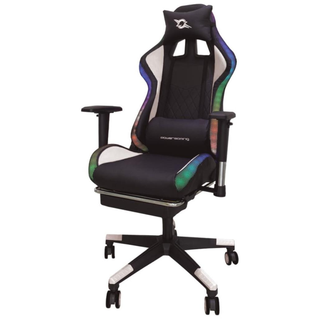 Silla PowerGaming LED RGB V2 blanca con reposapiés extraíble, acolchado negro, respaldo ergonómico, reposabrazos ajustables y base con ruedas, Clase B