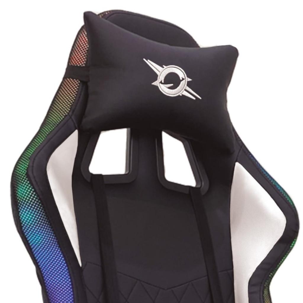 Silla gaming blanca con respaldo alto, cojín cervical negro y bordes con iluminación LED RGB; diseño ergonómico con reposapiés, Clase B reacondicionado